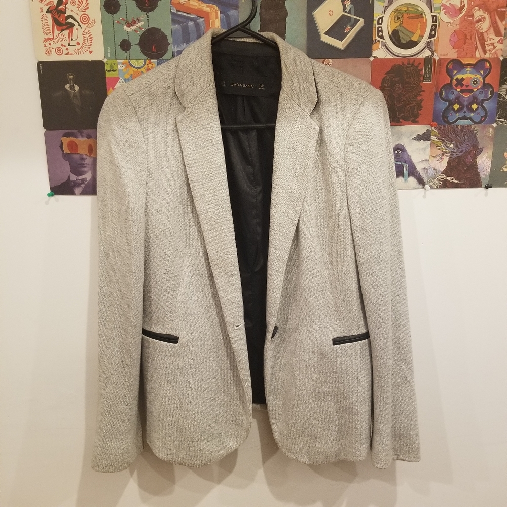 Zara Grey Blazer with Leather Detailing